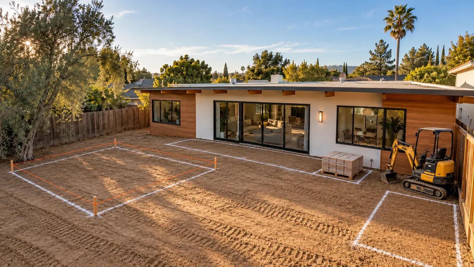 The yard graded and marked for a pool, patio, deck and lawn