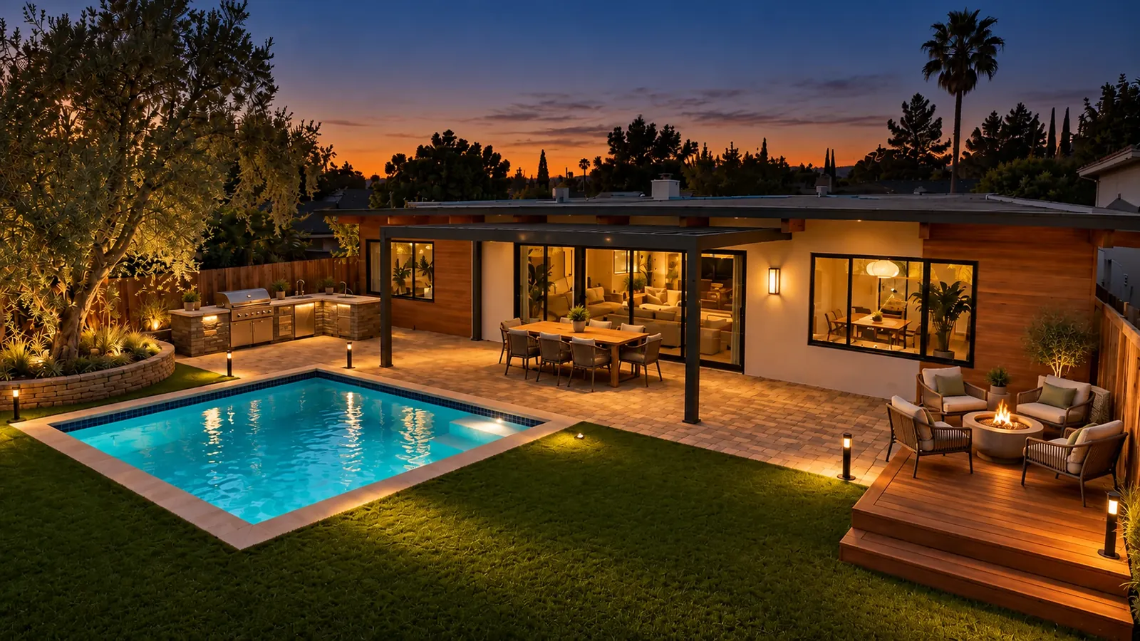 The finished backyard at dusk with the pool and lights on