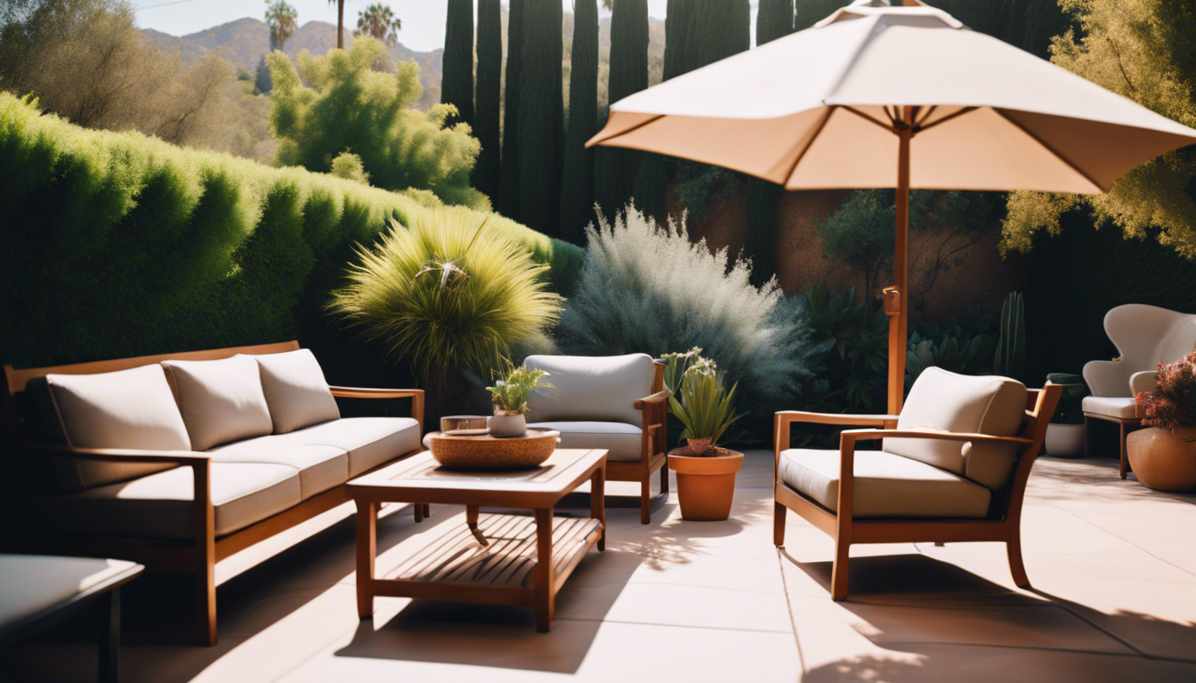 A cozy patio with weather-resistant furniture, under clear skies, surrounded by lush greenery, reflecting Altadena's unique weather patterns