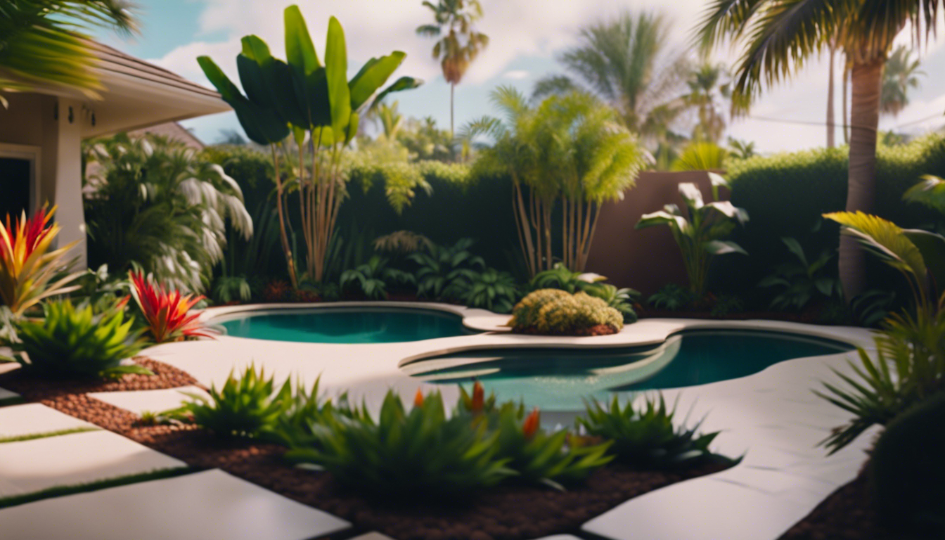 Tropical plants like palms and bird-of-paradise around a freeform pool with privacy hedges, soft lighting, and natural edge pavers in a backyard oasis
