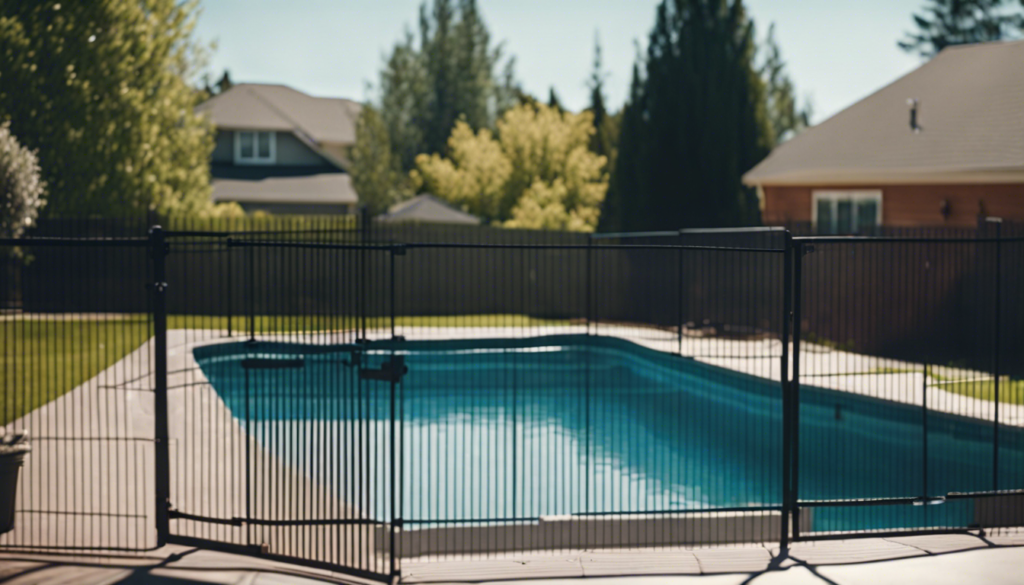 Backyard pool with safety fence in suburban setting