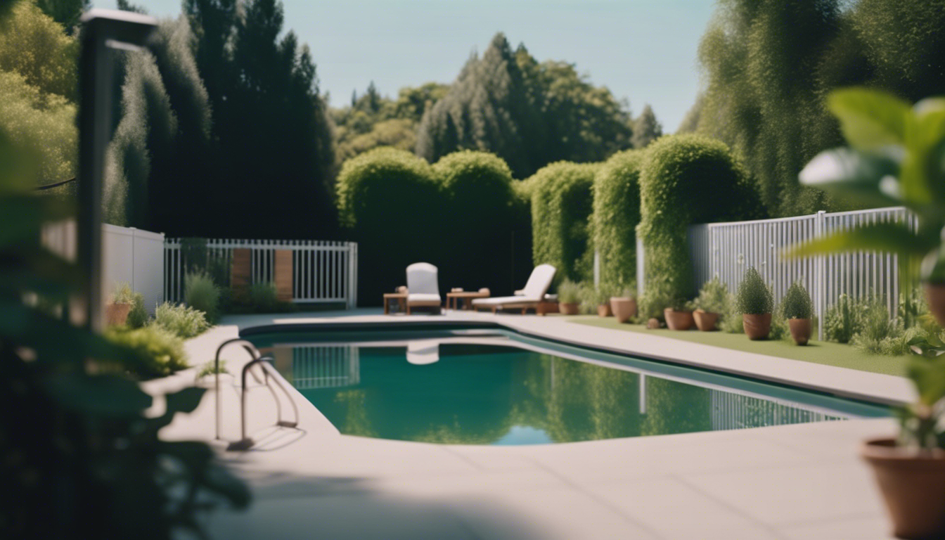 A serene backyard with a fenced swimming pool, safety signs visible, surrounded by lush greenery, under clear skies
