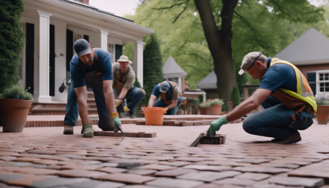 A before and after view of a historic home's restored pavers, with workers carefully repairing and cleaning the pavers in a charming neighborhood