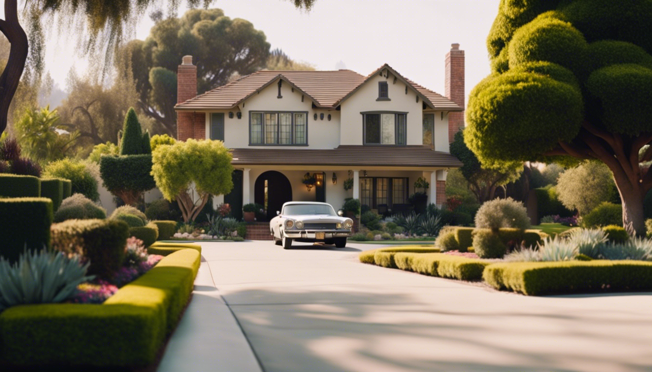 A wide, inviting driveway leading to a charming home in Pasadena, with multiple cars parked and lush landscaping on the sides
