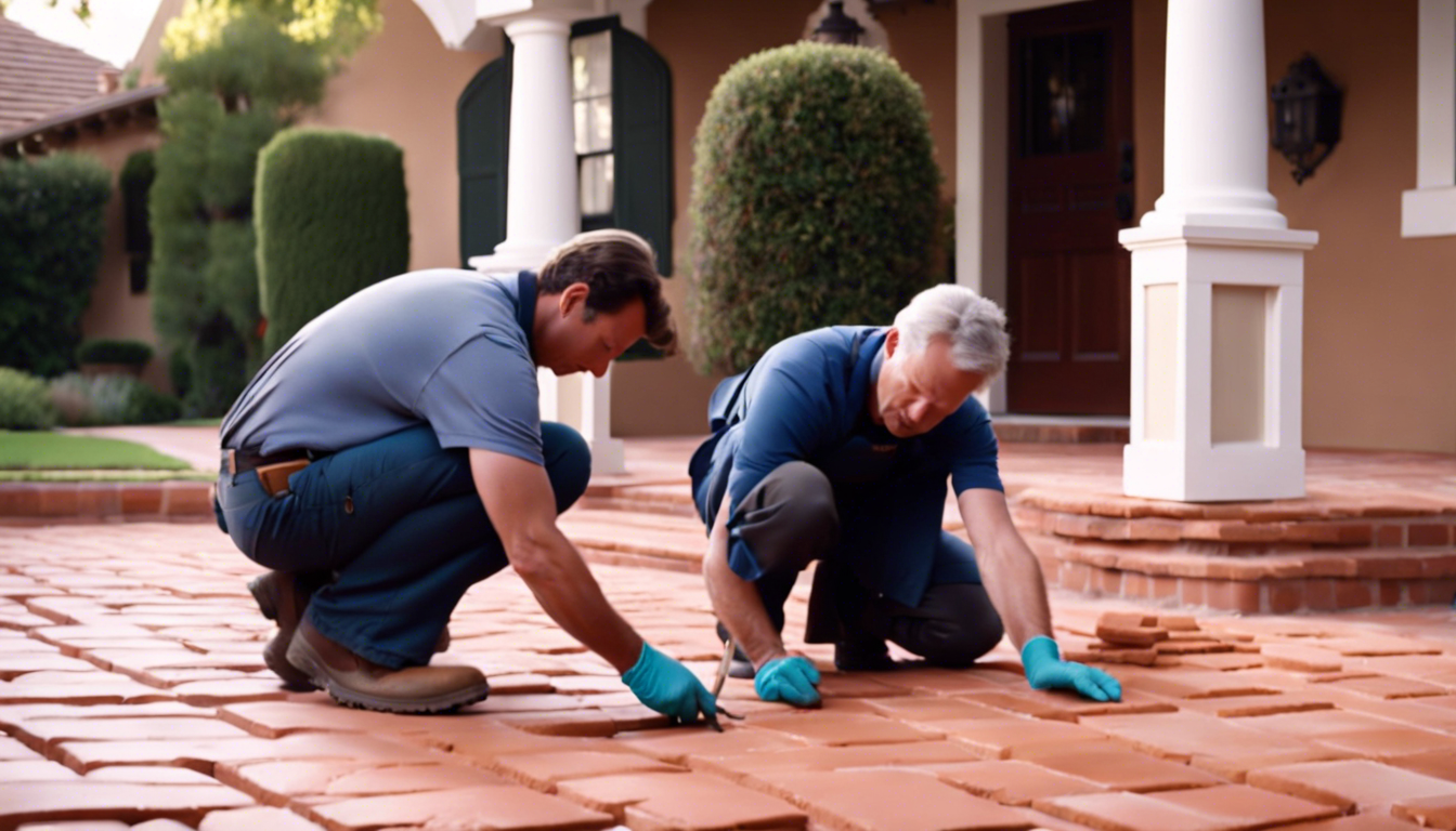 Experts carefully examining and repairing terracotta pavers in front of a charming historic home in Pasadena, with gentle cleaning and application of protective coating