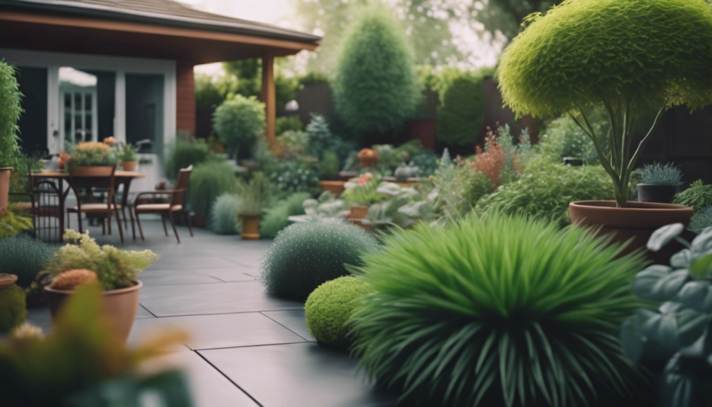 Lush patio garden without invasive plants