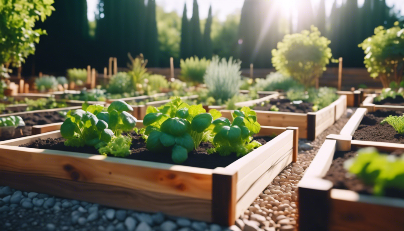 Raised garden beds made of natural wood and stone filled with lush green plants, situated on a rocky ground under the bright sun