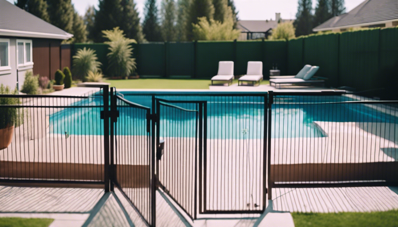 Residential pool surrounded by a high fence with self-closing gates, equipped with door and pool alarms in a suburban backyard