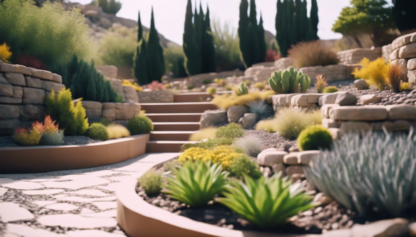 Terraced garden with retaining walls on a rocky slope, featuring drought-tolerant plants and a rock garden area