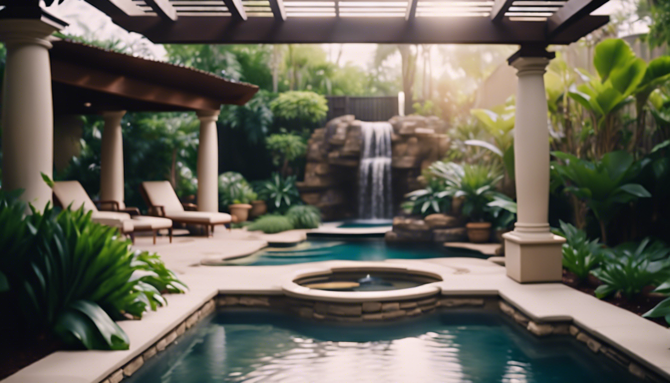 An elegant backyard oasis featuring a pool surrounded by lush tropical plants, natural stone pavers, a pergola for shade, and a gentle waterfall