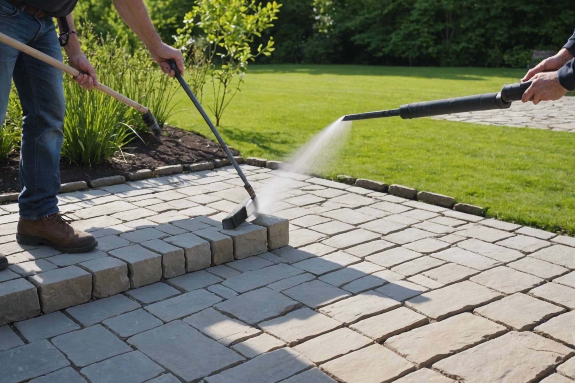 Clear sunny day, person sweeping polymeric sand into the joints between dry stone pavers, with a gentle mist of water being sprayed over the finished area