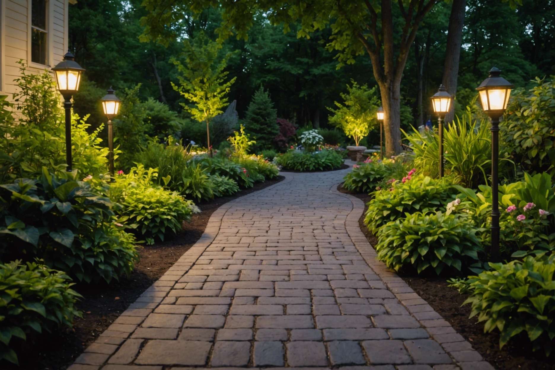 Paver walkway with cobblestone borders through a lush garden, illuminated by strategically placed lights at dusk