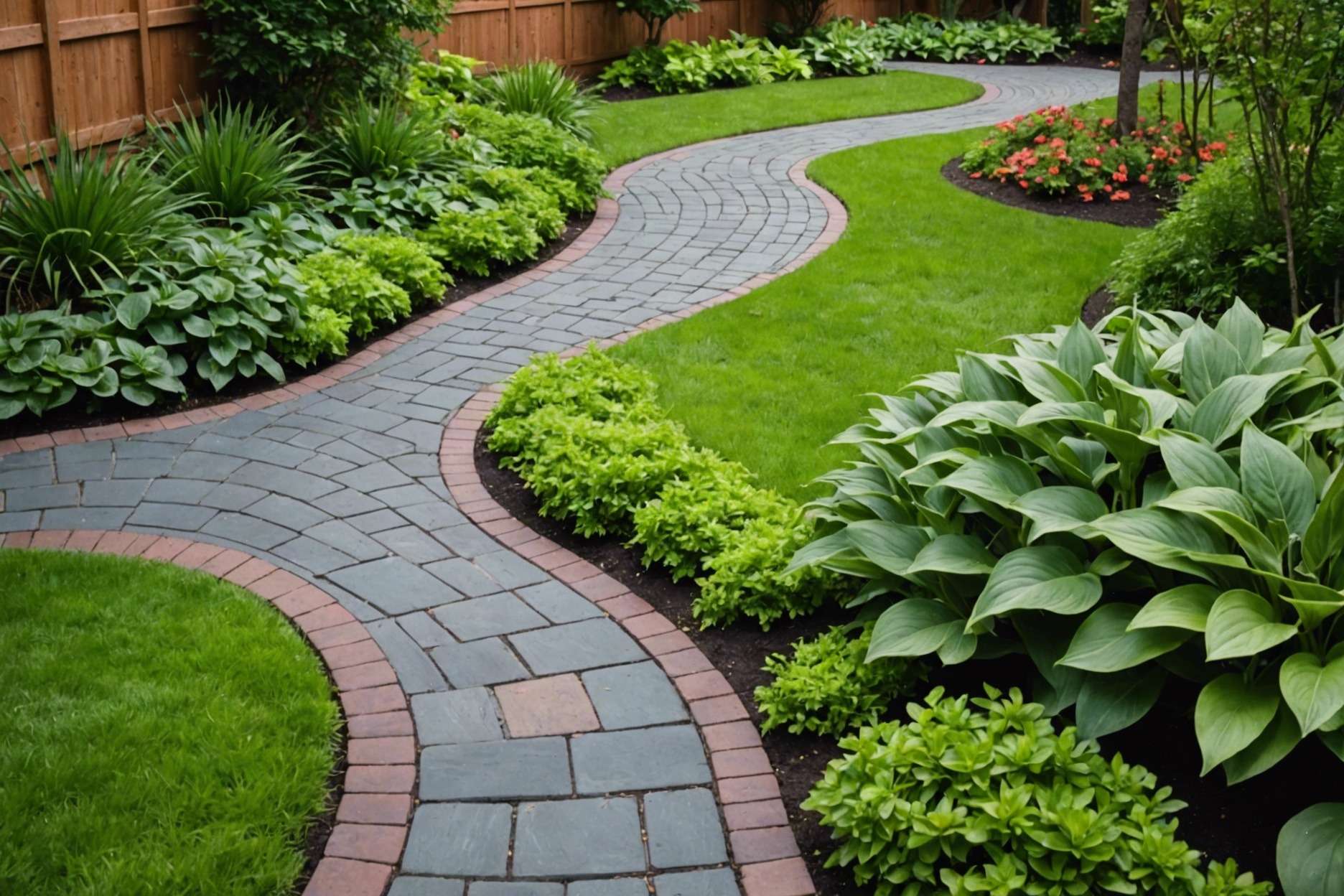 A winding paver pathway lined with metal edging, surrounded by lush green plants and contrasting colored pavers