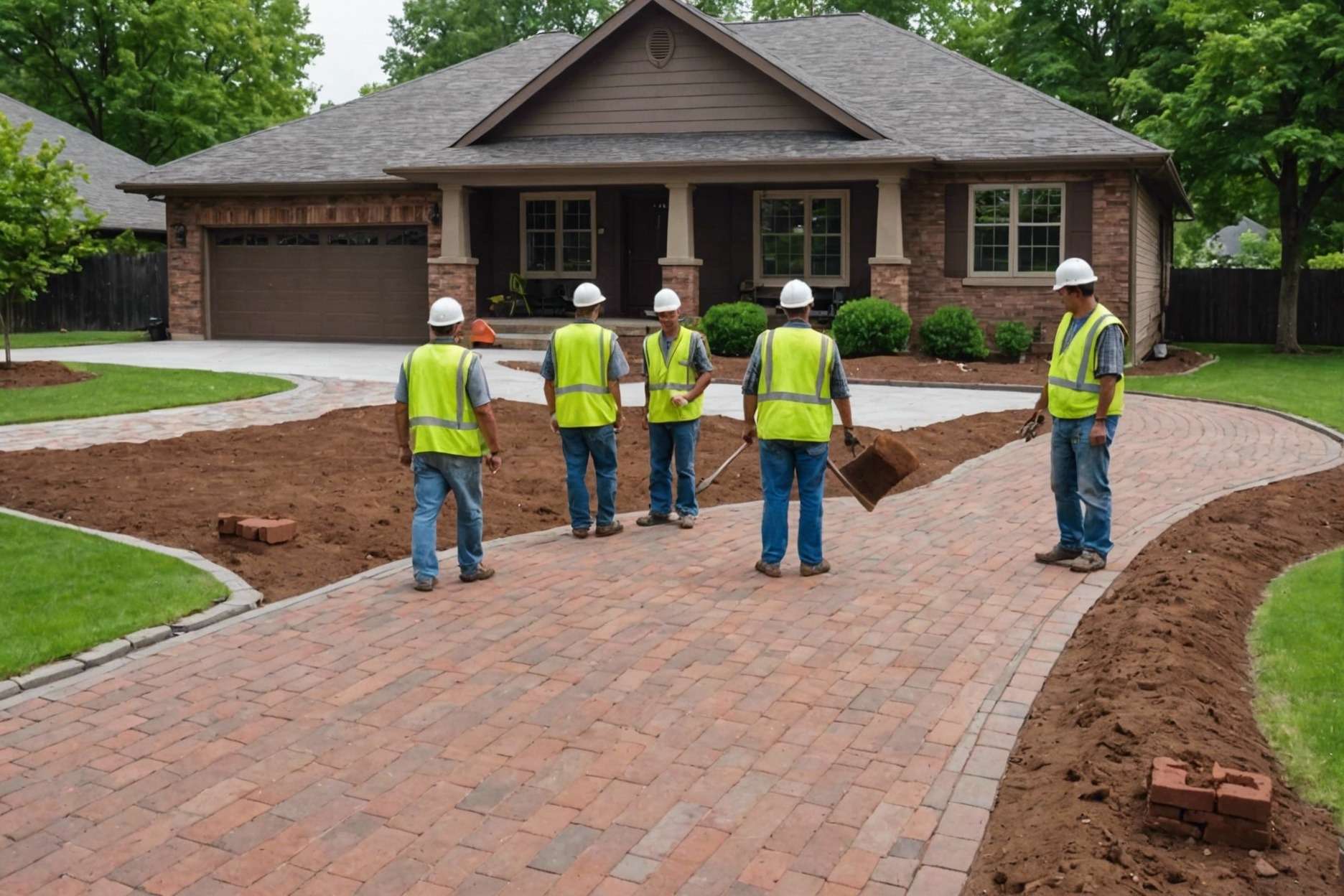 Brick driveway construction with smiling workers