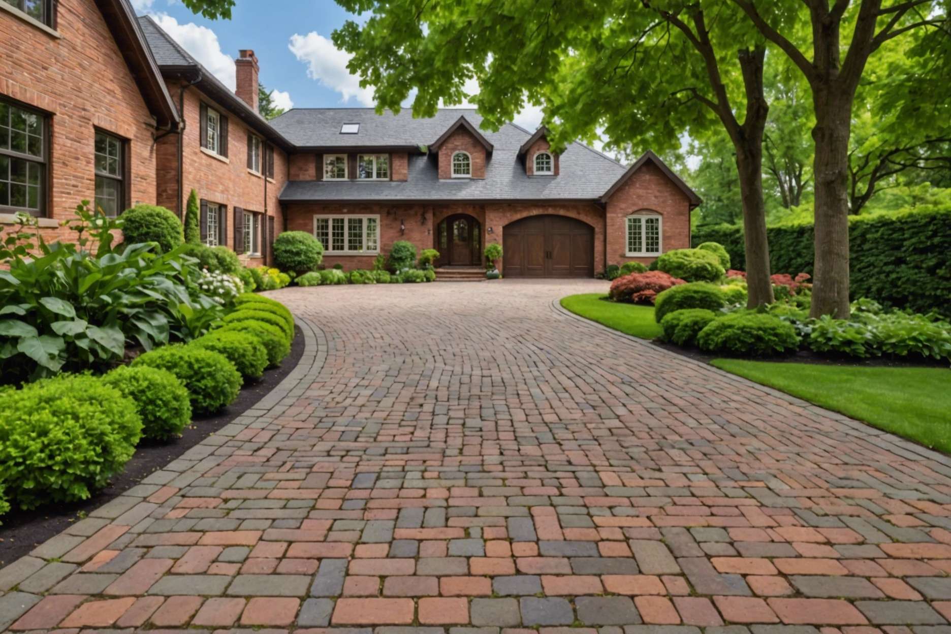 A beautifully paved brick driveway leading to a charming house, showcasing various patterns and surrounded by lush greenery, emphasizing durability and eco-friendliness