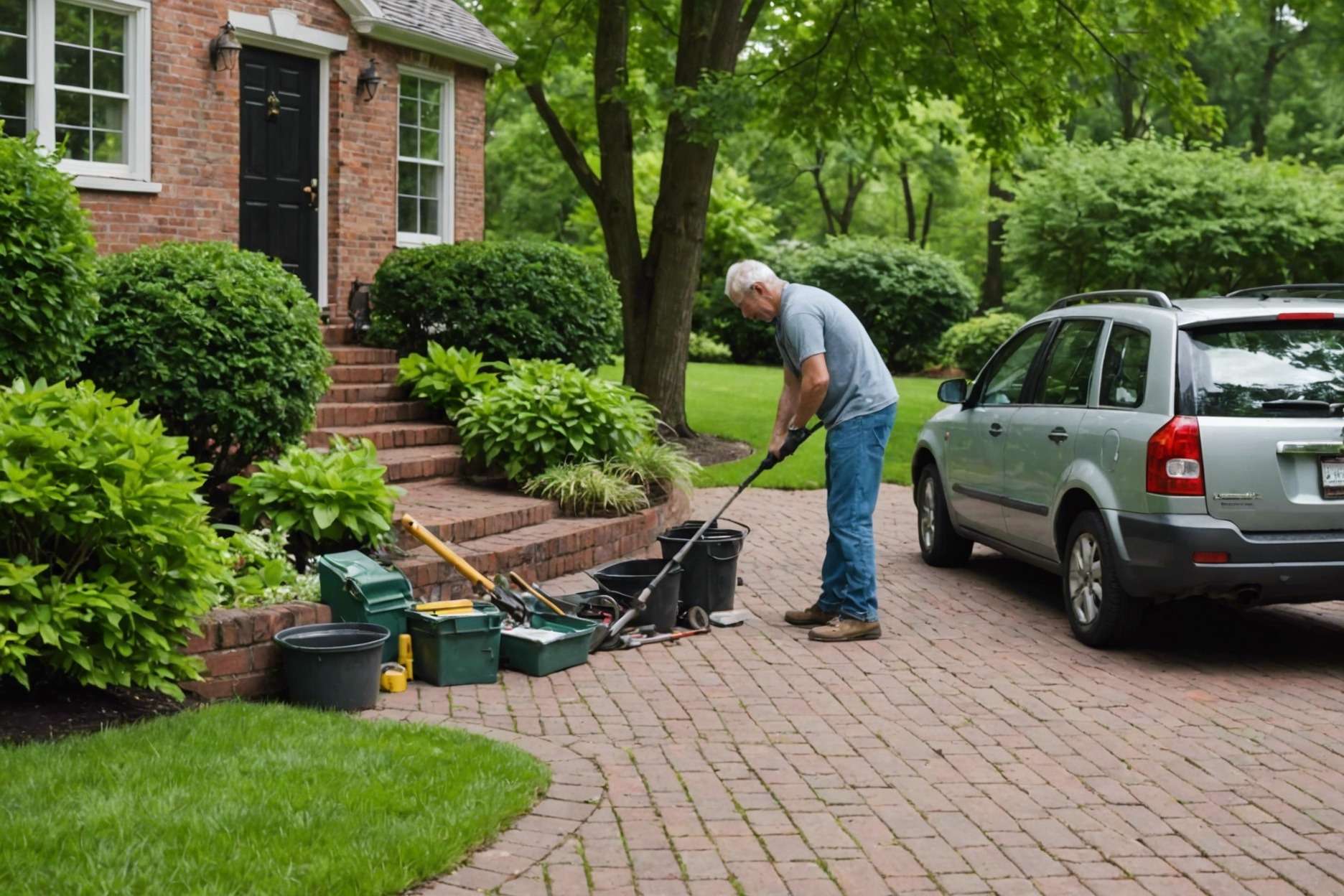 A well-maintained brick driveway with a person performing maintenance, surrounded by tools for repairs and lush greenery