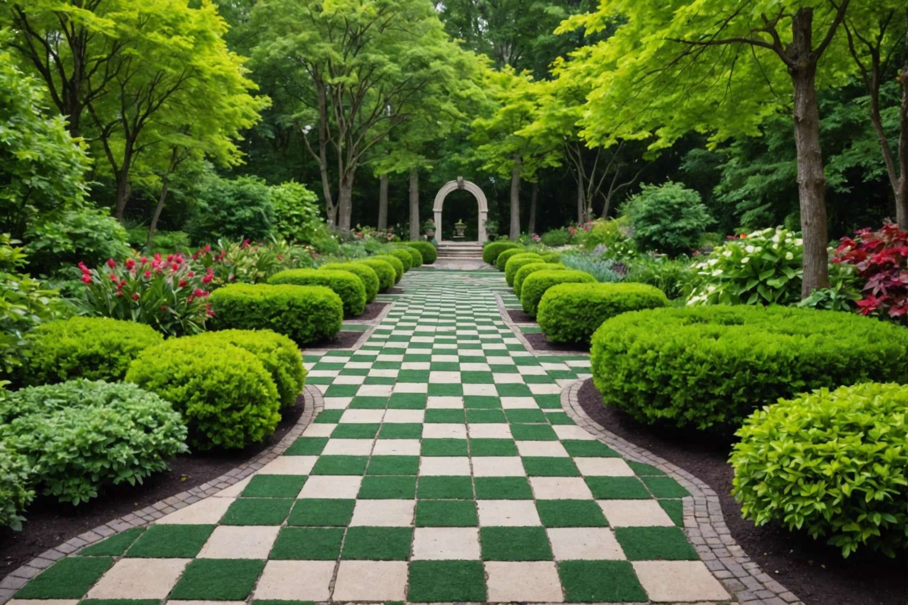 Checkerboard pattern pavers in two colors set in a lush garden, with alternating rows creating a striking visual impact