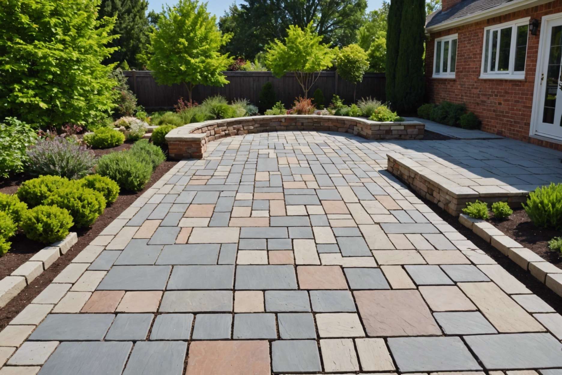 A variety of pavers including concrete, flagstone, and brick, laid out in a landscaped garden reflecting different climates, with a clear sky overhead