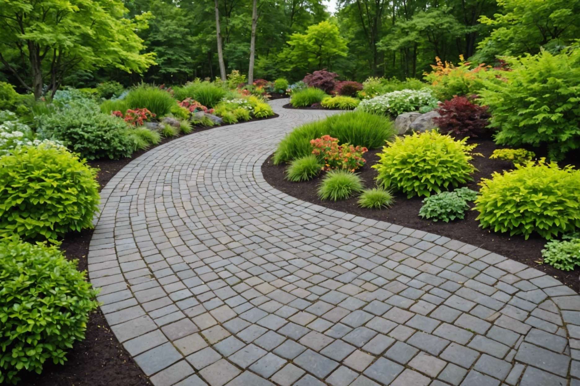 A naturally curving circular paver walkway with mixed shapes and colors, bordered by lush greenery, under a clear blue sky