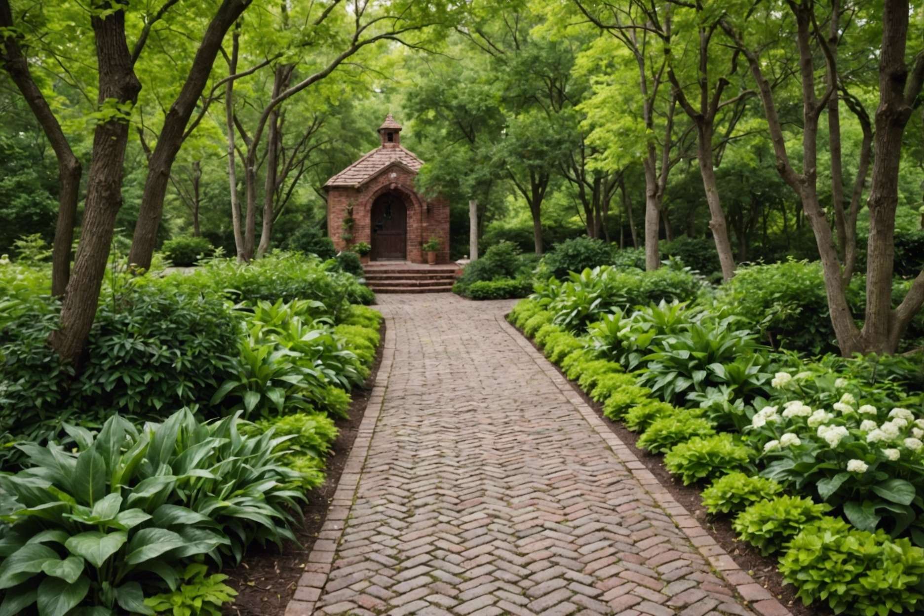 Traditional brick pathway featuring a herringbone pattern surrounded by lush greenery in a rustic outdoor setting