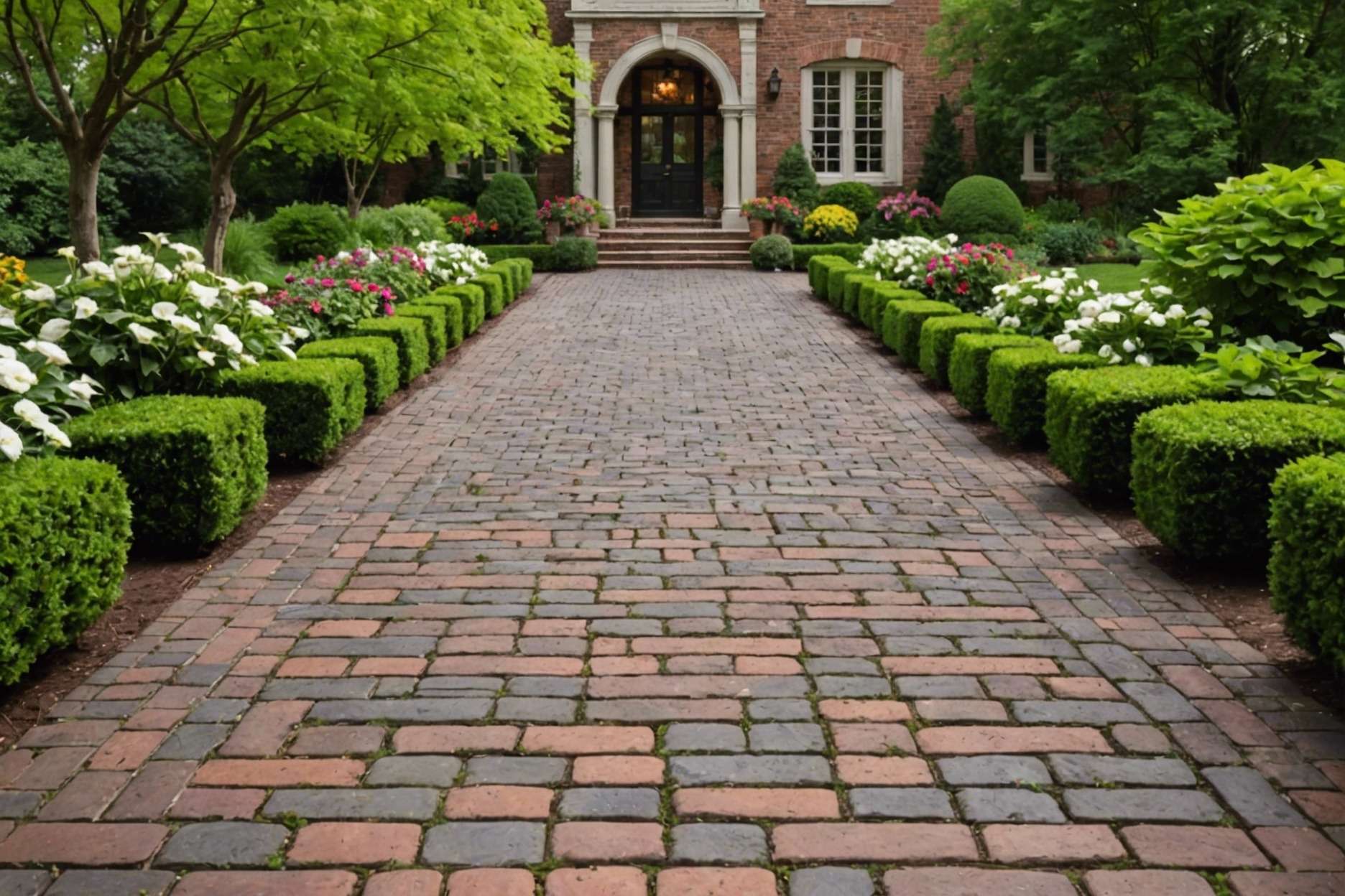 Elegant brick walkway featuring classic patterns such as Running Bond, Basket Weave, and Herringbone in a lush garden setting