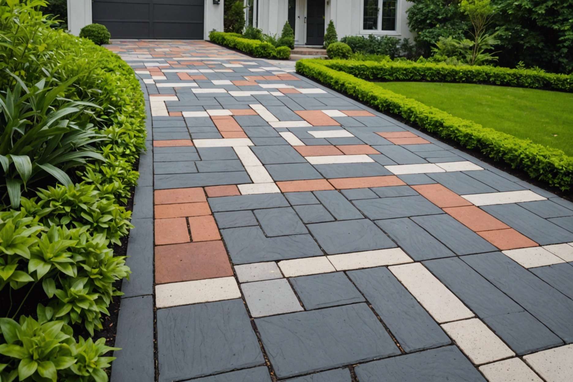 Durable concrete pavers arranged in a stylish pattern on a driveway, surrounded by lush greenery, showcasing various colors and shapes