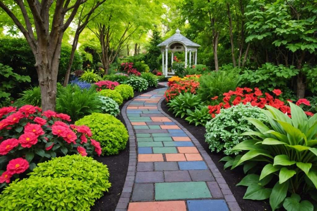 Colorful paver walkway through lush garden