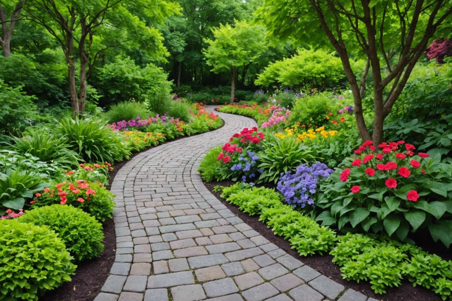 Curved garden path made of stone pavers, winding through lush greenery with colorful flowers, leading to a hidden garden section