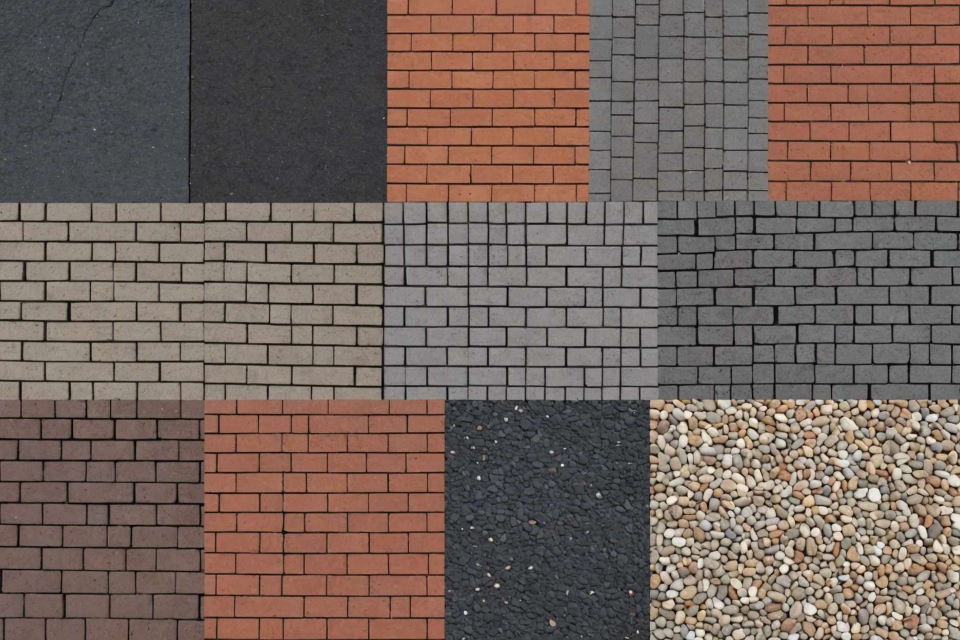 A collage showing sections of brick, asphalt, concrete, and gravel driveways, each with a distinct texture and color, under varying weather conditions to represent different climates