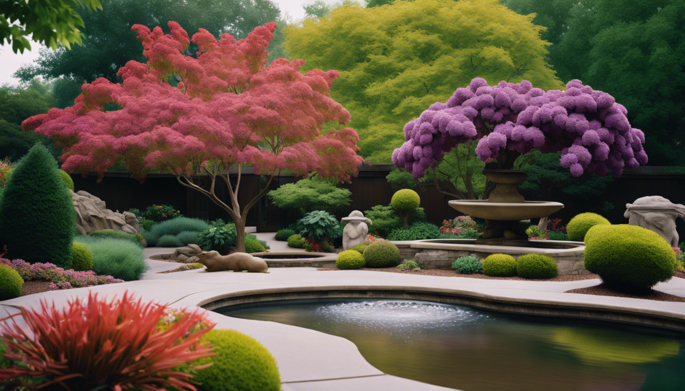 A serene patio with California Lilac, Trumpet Honeysuckle, American Bittersweet, Catalpa trees, Virginia Creeper, Winged Sumac, Yaupon Holly, and Inkberry, complemented by water features and sculptures amidst colorful hardscaping