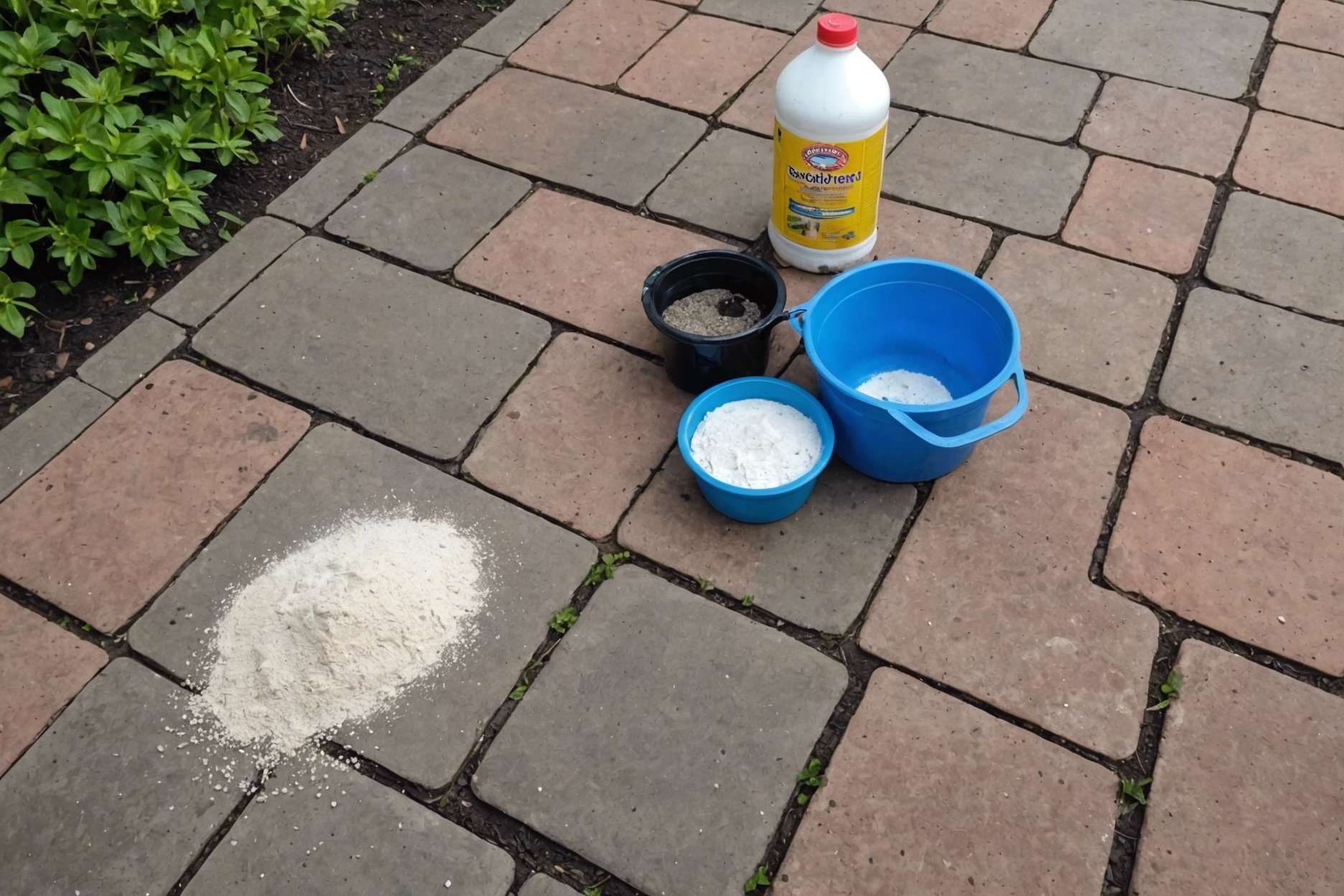 Freshly cleaned pavers with a scrub brush and detergent nearby, surrounded by cat litter and a homemade poultice of flour and hydrogen peroxide