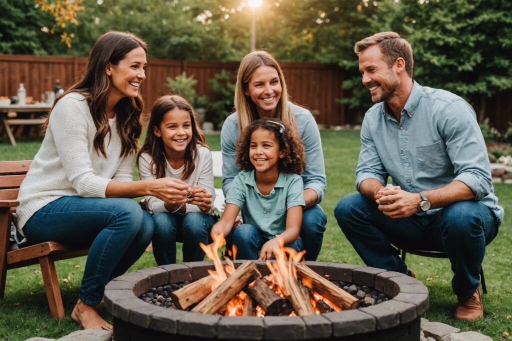 Smiling family enjoying a backyard fire pit