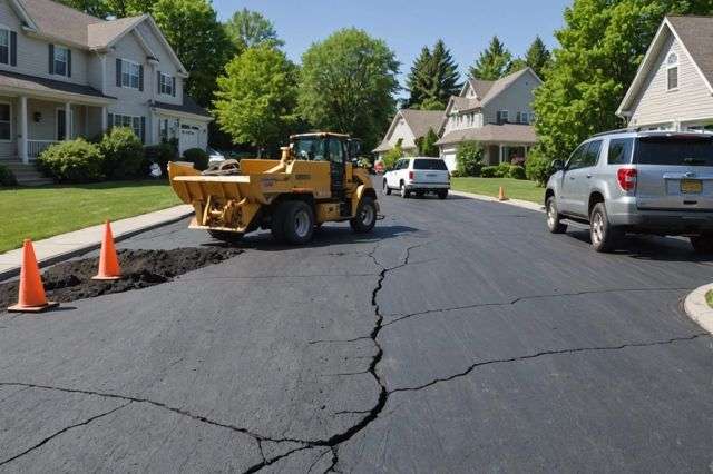 A damaged asphalt driveway with deep cracks and large potholes, a construction crew working on replacement in a suburban setting