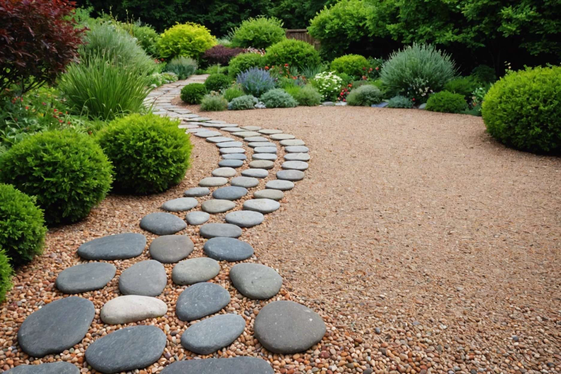 Scattered river rocks and red brick stepping stones on a bed of fine contrasting gravel in a lush garden setting