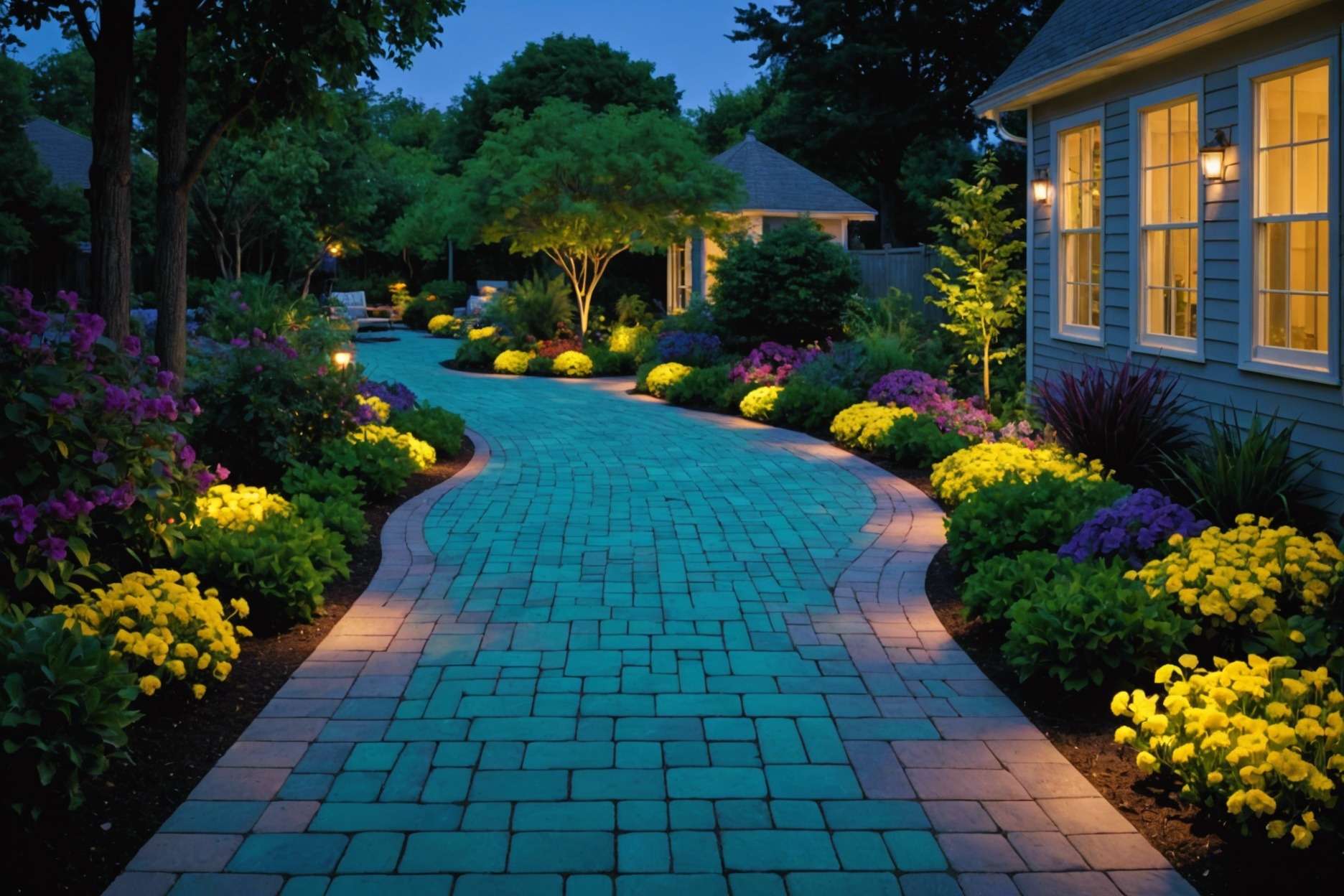 A serene garden path illuminated by glow-in-the-dark pavers in colors of Sky Blue, Aqua Blue, Emerald Yellow, and Plasma Purple at twilight