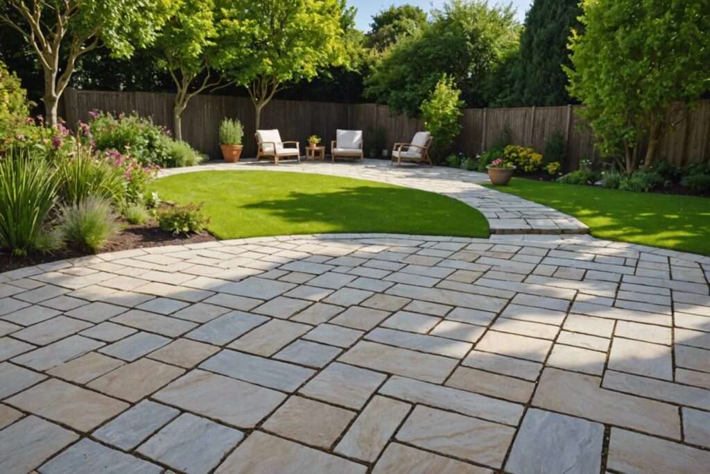 Granite and sandstone pavers in a sunny garden