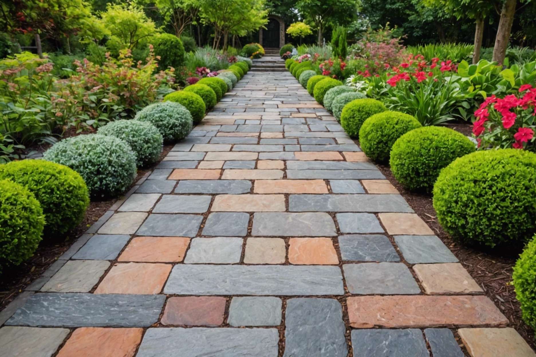 A pathway made of granite and sandstone paving stones, showcasing various colors and textures in a lush garden setting