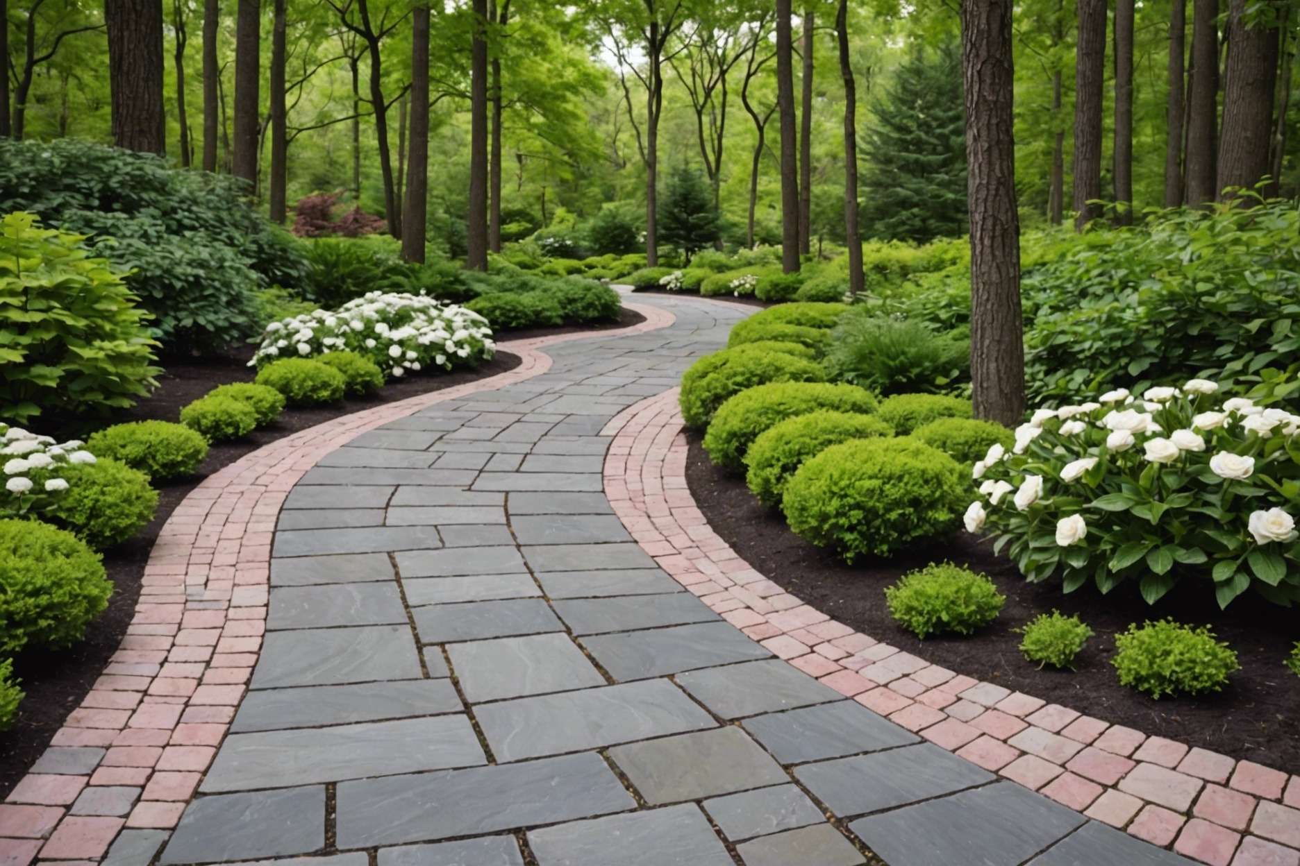 A serene landscape showcasing a path lined with granite and sandstone pavers, featuring the natural color variations of pink, white, gray, black, and earthy browns, surrounded by lush greenery