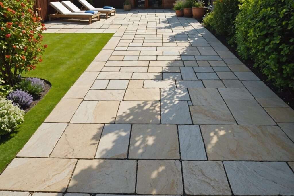 Granite and sandstone paving in sunny garden