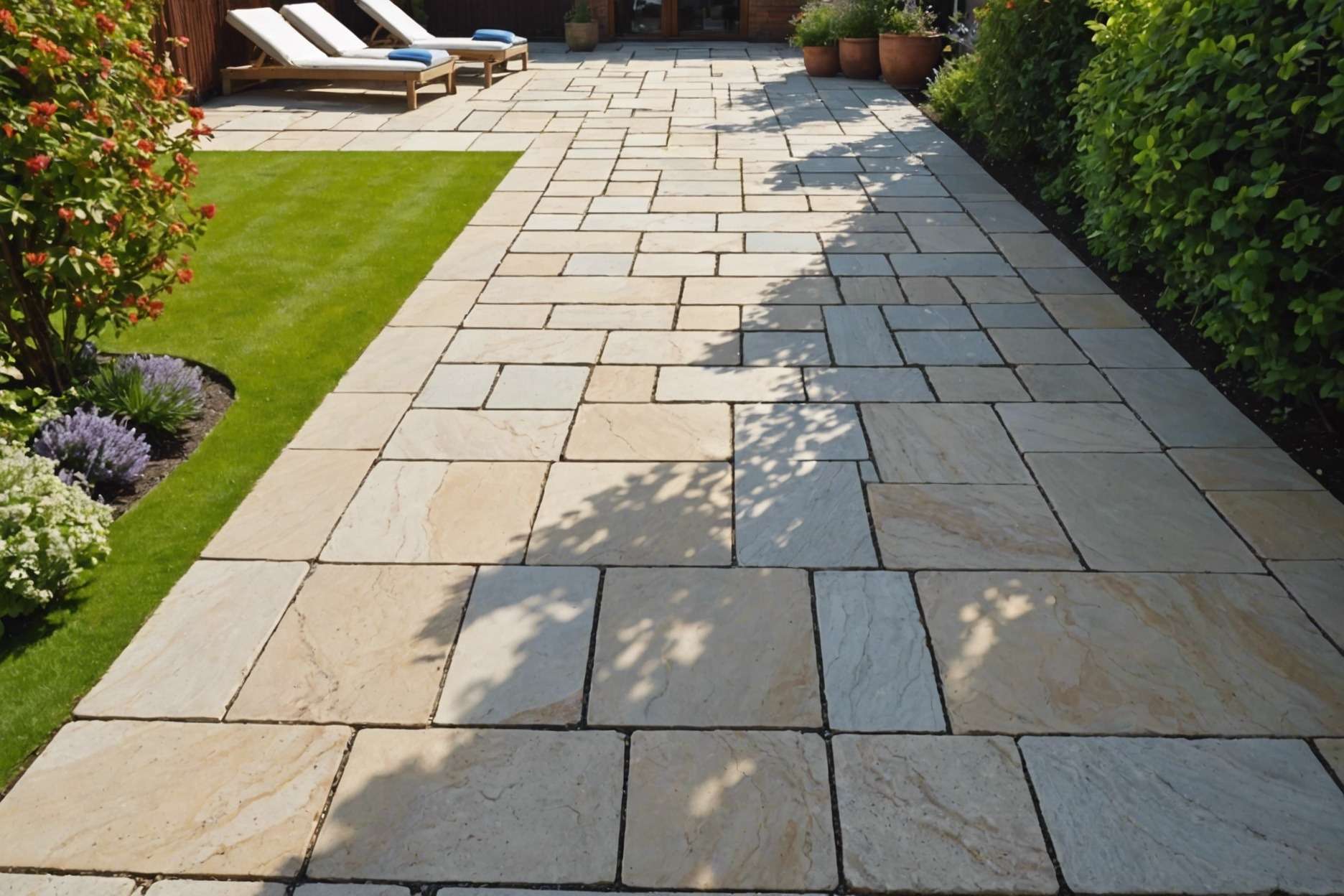 Granite and sandstone paving in sunny garden