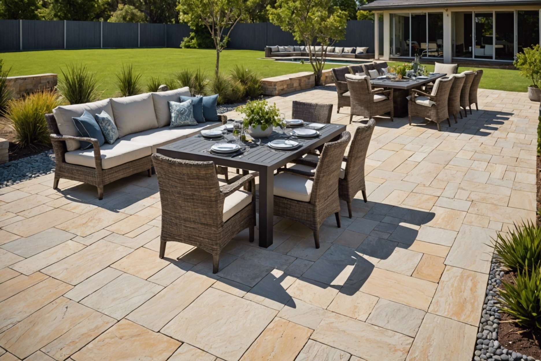 A rustic outdoor setting with granite pavers exhibiting a sleek, durable appearance and sandstone pavers showing a more porous, natural texture under sunny weather