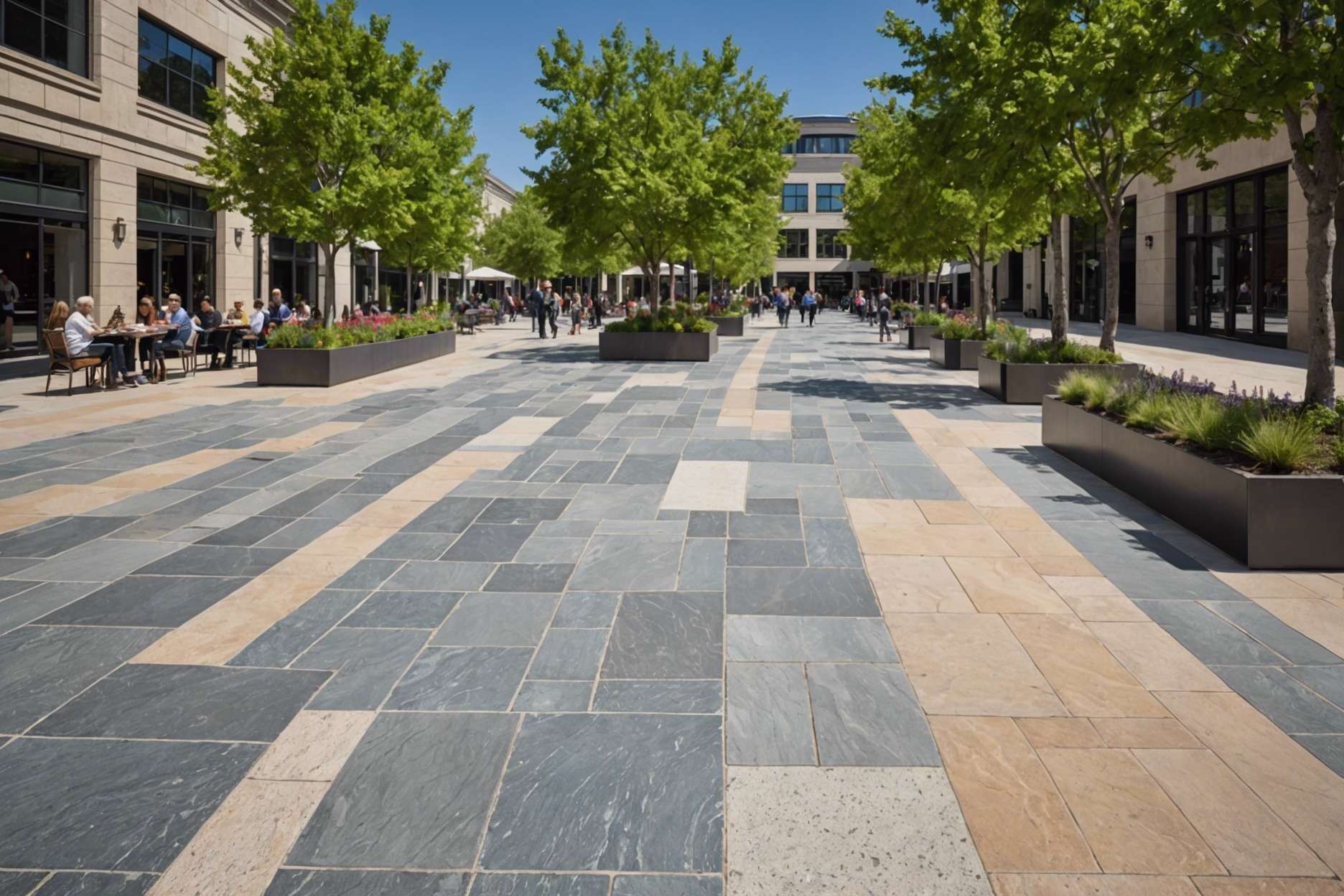 A bustling outdoor plaza paved with granite on one side and sandstone on the other, showcasing high foot traffic with a clear distinction in texture and color between the two materials