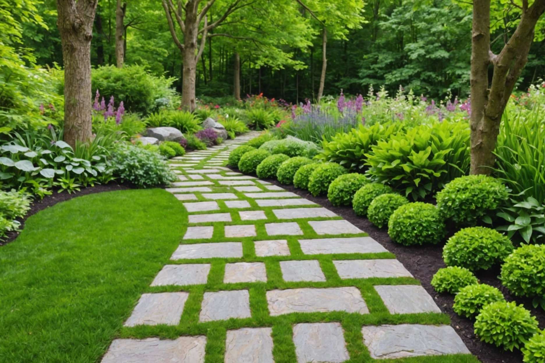 Cottage-style garden pathway with stone pavers and vibrant green grass growing between them, surrounded by lush foliage