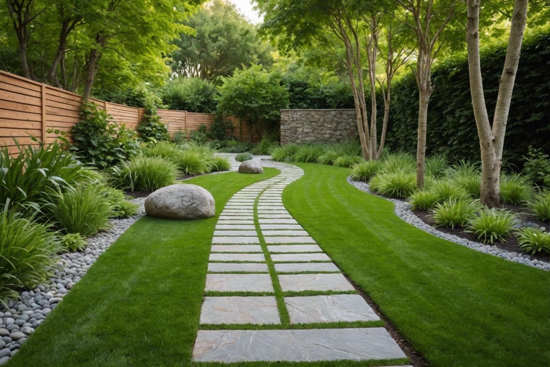 Serene walkway with grass joint pavers, integrating grass between stones in a simple linear path through a small lush garden