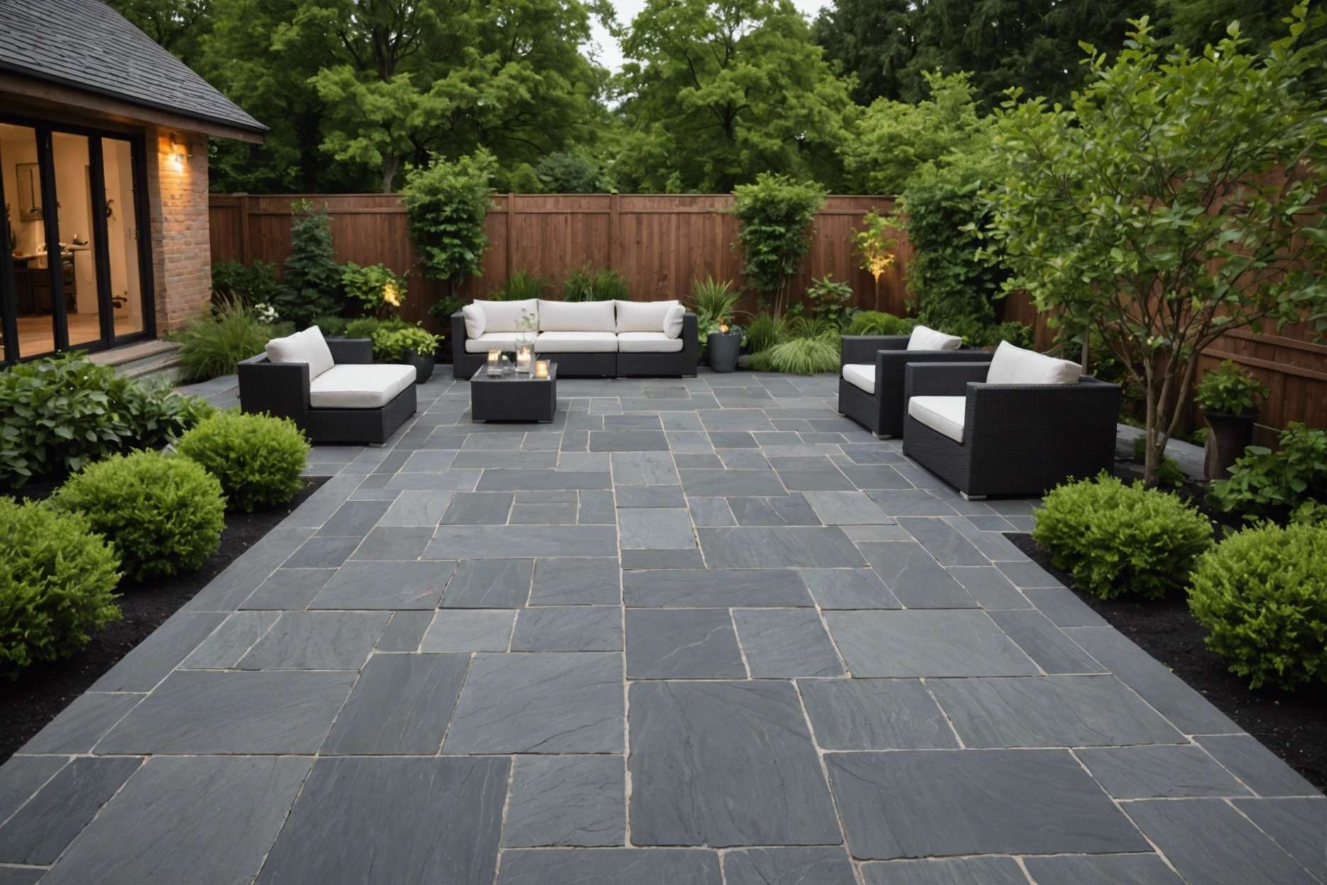 A serene patio paved with grey sandstone, displaying natural color variations from light silver to deep charcoal, surrounded by lush green plants and subtle outdoor lighting