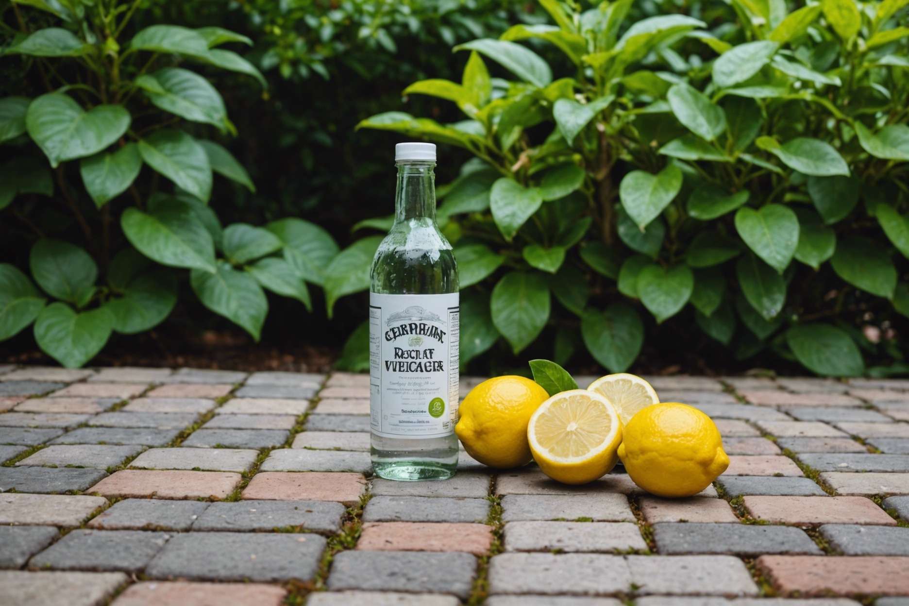 A serene backyard with pavers showing spots of hard water and rust stains, a bottle of white vinegar and a lemon nearby, surrounded by lush greenery