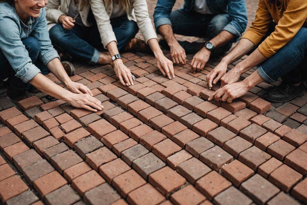 Smiling people laying herringbone pattern bricks