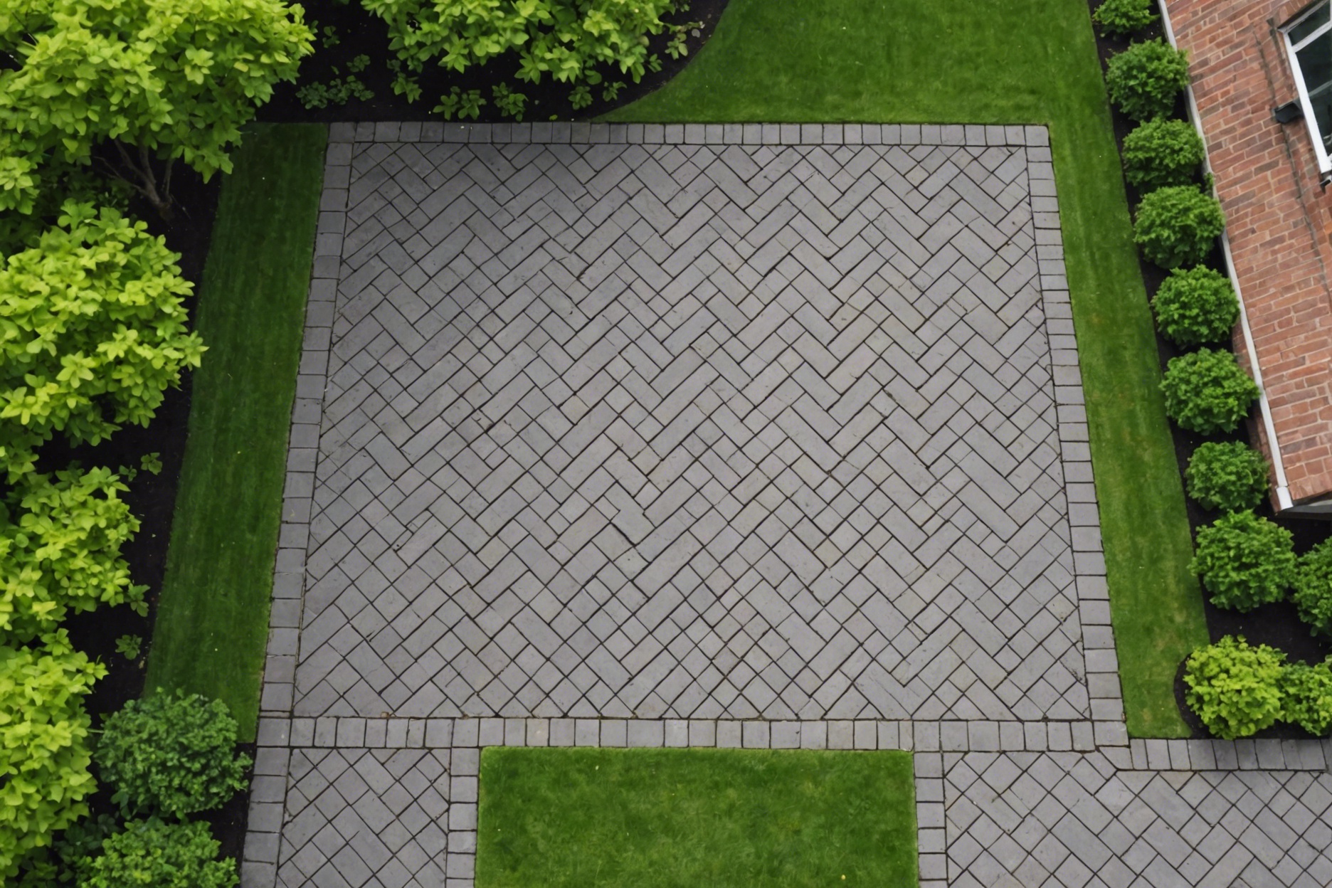 Aerial view of a herringbone pattern driveway with rectangular brick pavers, in 45-degree setup, surrounded by lush greenery