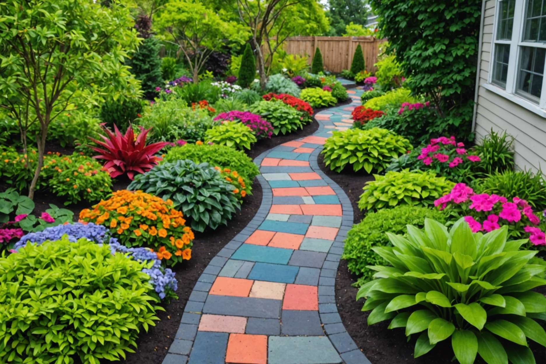 Colorful paver pathways winding through a lush garden