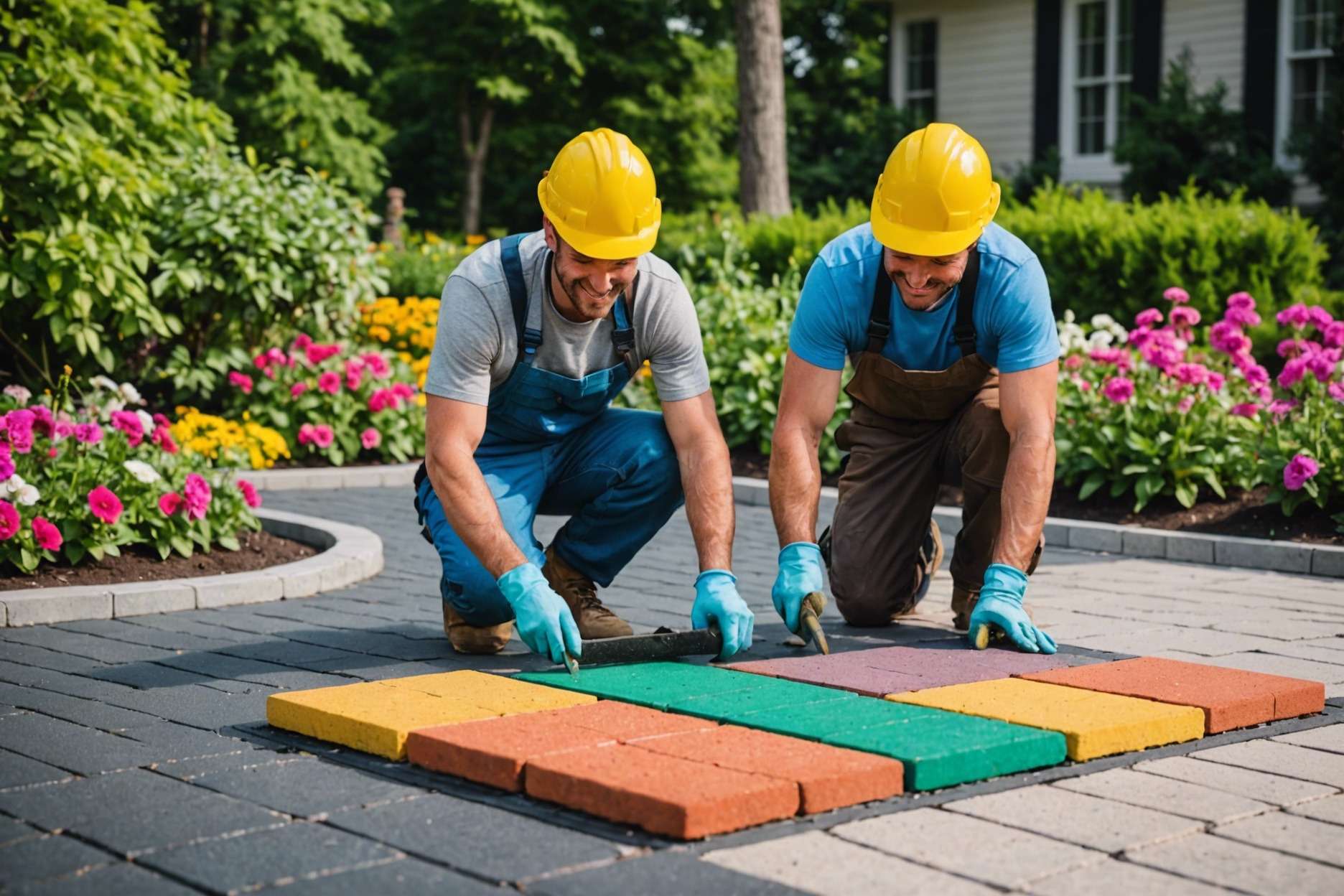 Smiling workers installing colorful garden pavers